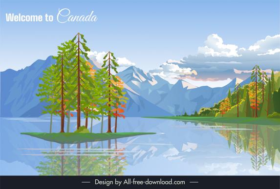 canada landscape backdrop lake mountain trees sketch elegant design 