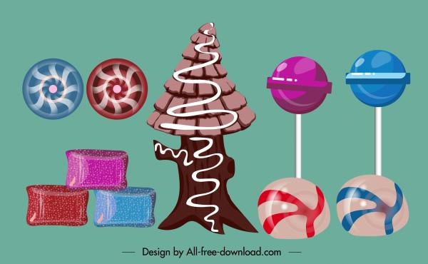 candies icons colorful classic shapes flat sketch