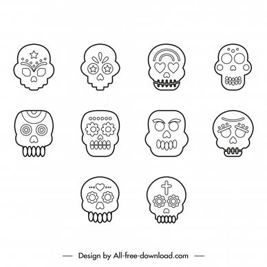 candy skull icon sets flat black white horror faces sketch 
