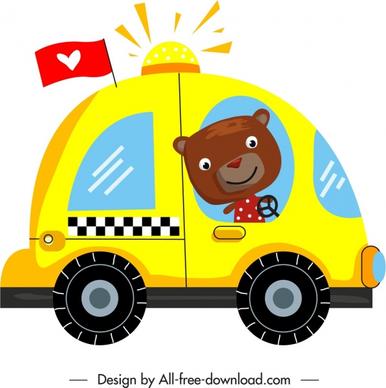 car icon stylized cartoon bear colorful flat sketch