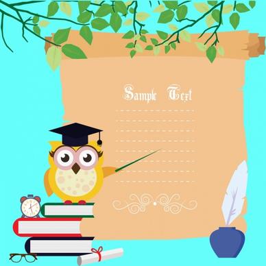 card background owl books icons colored stylized cartoon