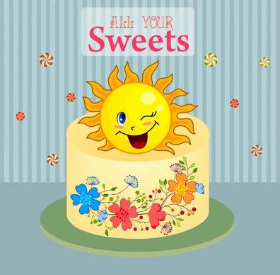 card template cake stylized sun icons flowers decor