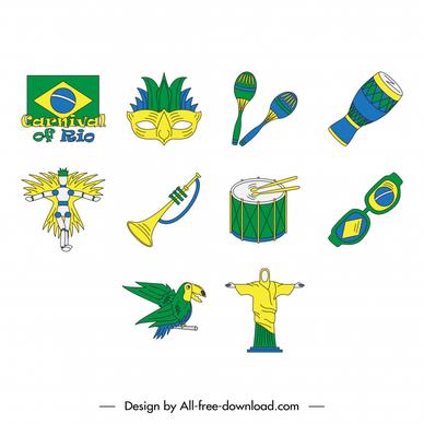 carnival of rio icon sets flat handdrawn symbols brazil flag colors decor