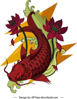 carp icon lotus decor colored tattoo sketch