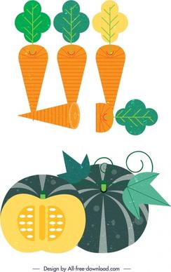 carrot pumpkin vegetables icons colored retro sliced design