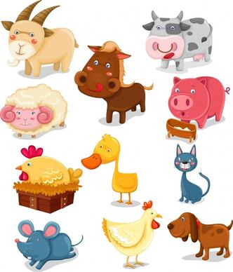 farm animals icons colored cartoon sketch