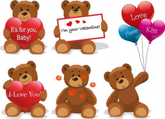 valentine design elements teddy bear heart balloons icons