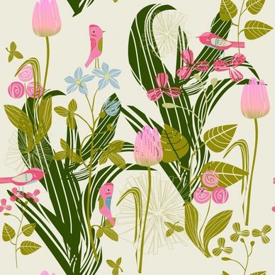 cartoon bird flower floral pattern vector line art