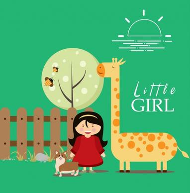 cartoon card background little girl animals icons decor