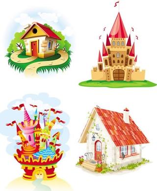 castles houses icons colorful cartoon sketch
