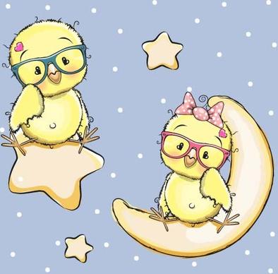 cartoon chick with stars and moon card vector