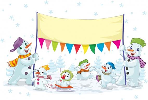 christmas banner template cute snowman family sketch