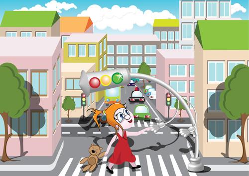 cartoon city scenes elements vector graphics