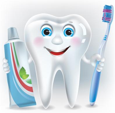 cartoon cute tooth with toothpaste and toothbrush vector