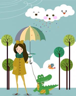 cartoon dream background stylized cloud crocodile girl icons