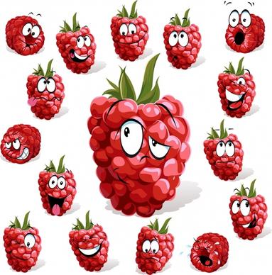 raspberry fruit icons funny stylized emotional faces sketch
