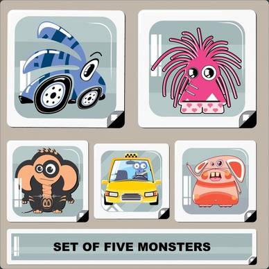 cartoon monster characters icons funny colored flat sketch