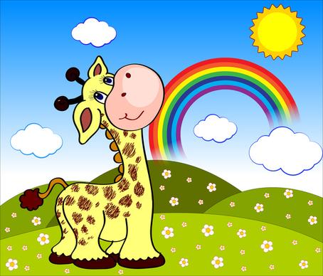 cartoon landscape with giraffe and rainbow
