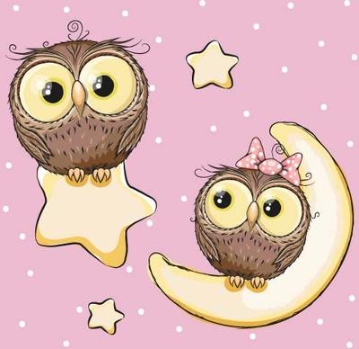 cartoon owl with stars and moon card vector
