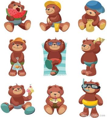 teddy bear icons cute stylized design cartoon characters