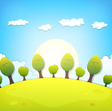 cartoon tree and clouds scenery background vector
