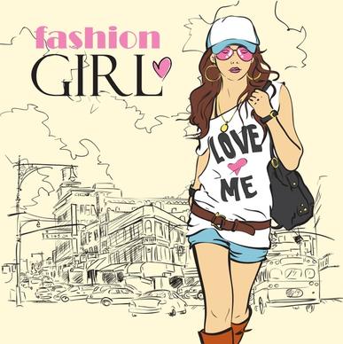 female fashion banner casual girl sketch handdrawn design