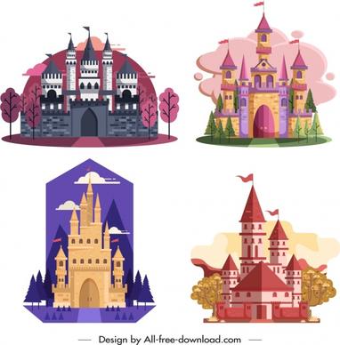 castle icons templates flat vintage design colorful ornament