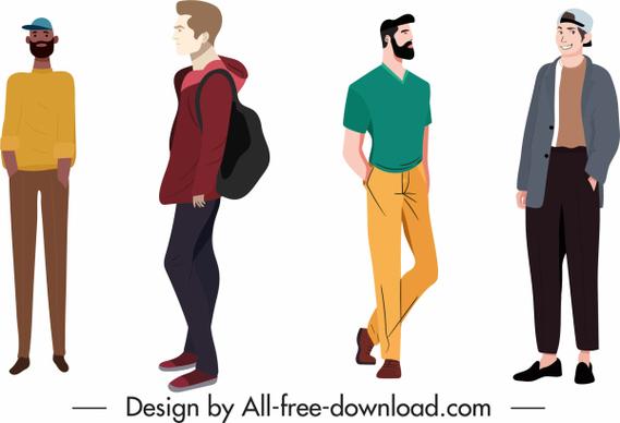 casual fashion icons men sketch colored cartoon characters