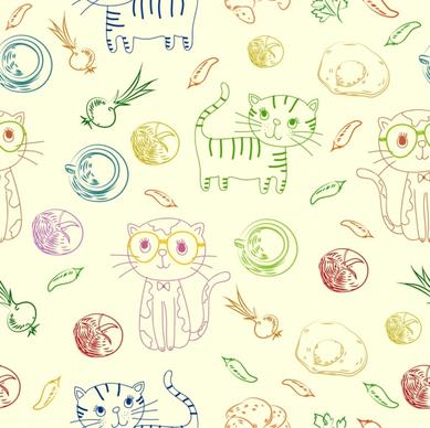 cats background multicolored handdrawn food icons repeating design