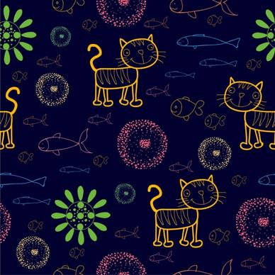 cats fishes flowers background colored cartoon sketch