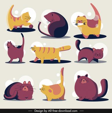 cats icons colored classical handdrawn sketch