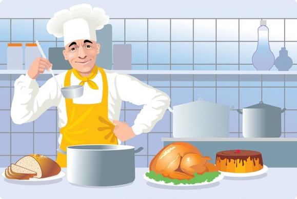 chef job background man kitchen utensils cartoon design