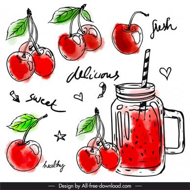 cherry juice design elements colored classic handdrawn sketch