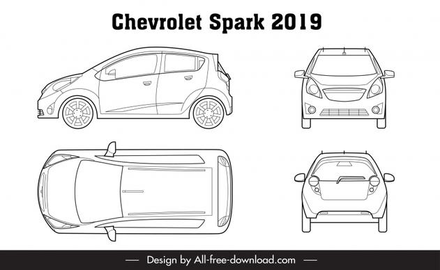 chevrolet spark 2019 car model template flat black white handdrawn different views outline