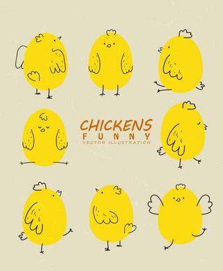 chick icons collection yellow handdrawn funny style
