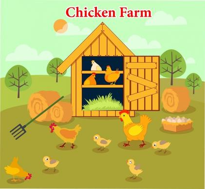 chicken farm drawing hen chick icons multicolored design