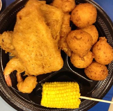 chicken fish corn and hushpuppies