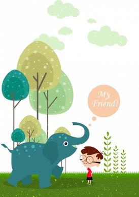 childhood background baby elephant boy icons cartoon design