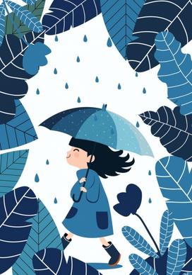 childhood background blue design girl leaves umbrella icons