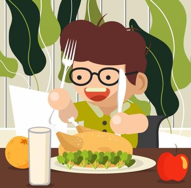 childhood background boy eating foods icons cartoon design
