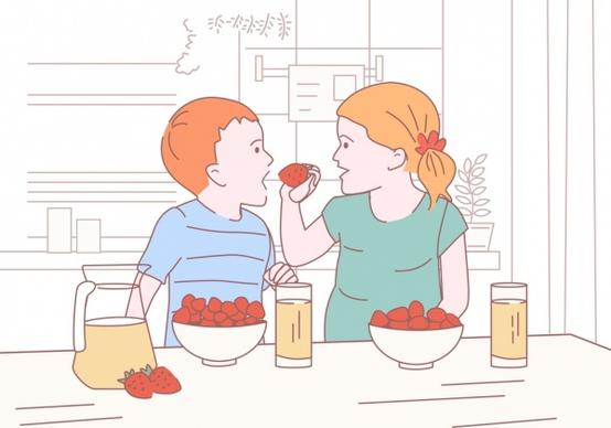childhood background children eating fruits icon handdrawn sketch