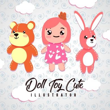 childhood background cute dolls toys icons decoration