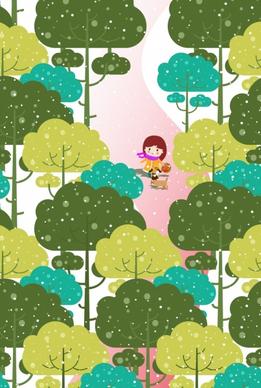 childhood background girl dog trees icons colored cartoon