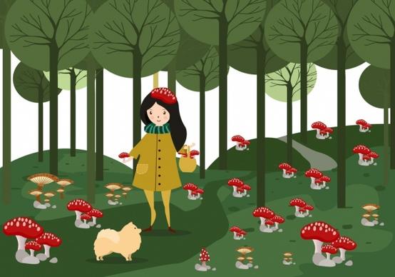 childhood background girl red wild mushrooms icons