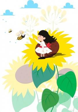 childhood background girl sunflowers honeybees icons cartoon design