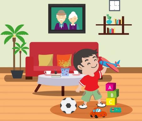 childhood background indoor furniture joyful boy toys icons