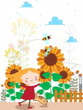childhood background joyful girl kitty honeybees sunflowers icons