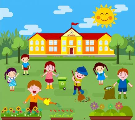 childhood background kids cleaning outdoor colored cartoon