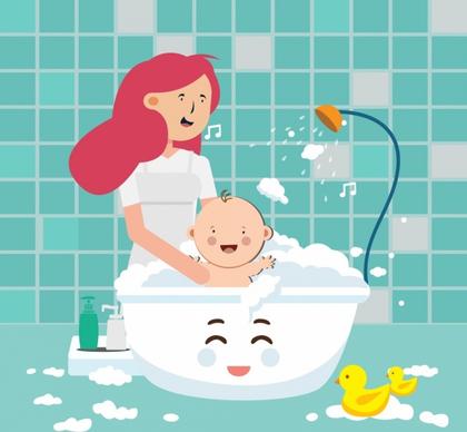 childhood background mother kid bath icons cartoon character