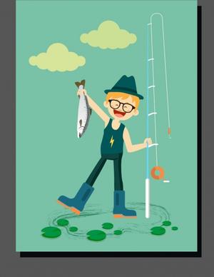 childhood drawing boy fishing icon colored cartoon design